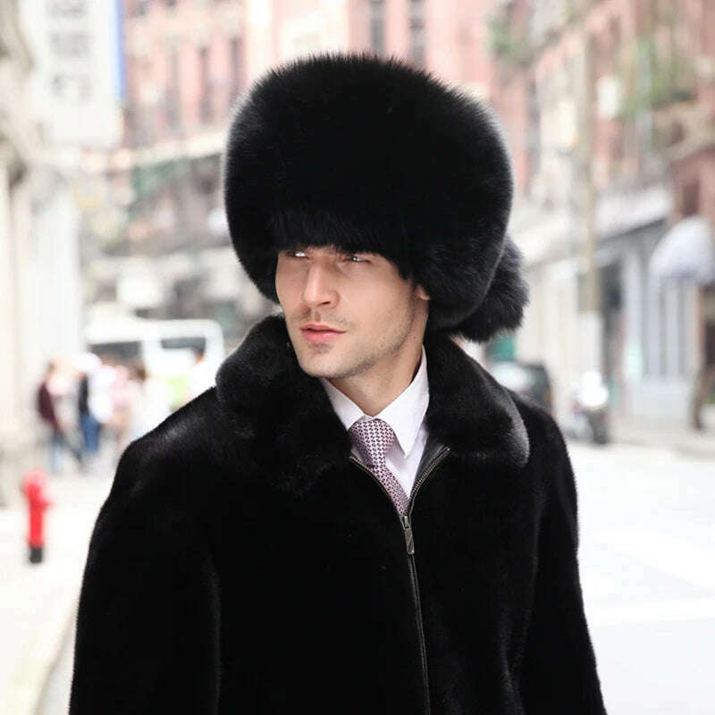 Real Fur 100% Fox Skin Russian Businessmen Pilot Bombers Full Mao Men's hat Ushanka Winter Ear Guard Hat Raccoon Fur Cap - KIMLUD