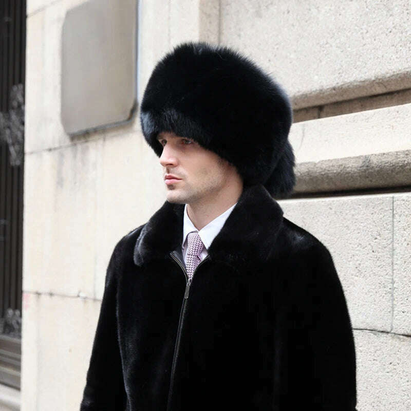 Real Fur 100% Fox Skin Russian Businessmen Pilot Bombers Full Mao Men's hat Ushanka Winter Ear Guard Hat Raccoon Fur Cap - KIMLUD
