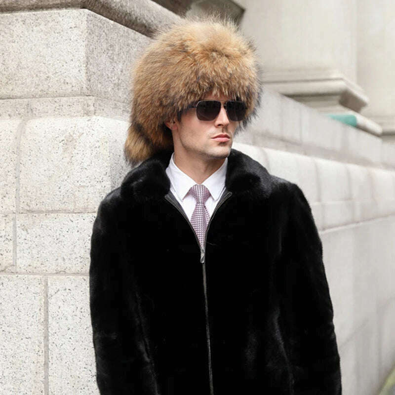 Real Fur 100% Fox Skin Russian Businessmen Pilot Bombers Full Mao Men's hat Ushanka Winter Ear Guard Hat Raccoon Fur Cap - KIMLUD