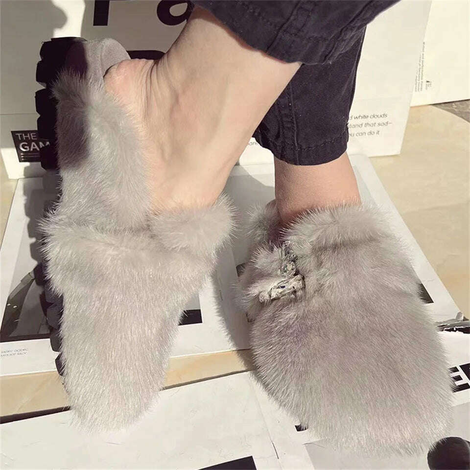 Real Fur Slippers Cork Footbed Clogs For Women Fashion Mink Fur Mules Comfort Shies With Arch Support Lndoor Outdoor Flat Slides - KIMLUD