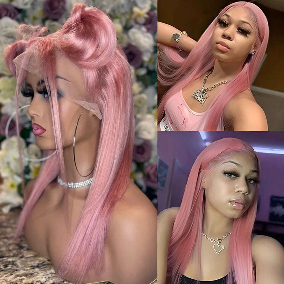 Rebecca Pink Wig Lace Frontal Human Hair Wigs For Women 13X6x1 Bone Straight Human Hair Pre plucked HD Transparent Lace Wigs - KIMLUD