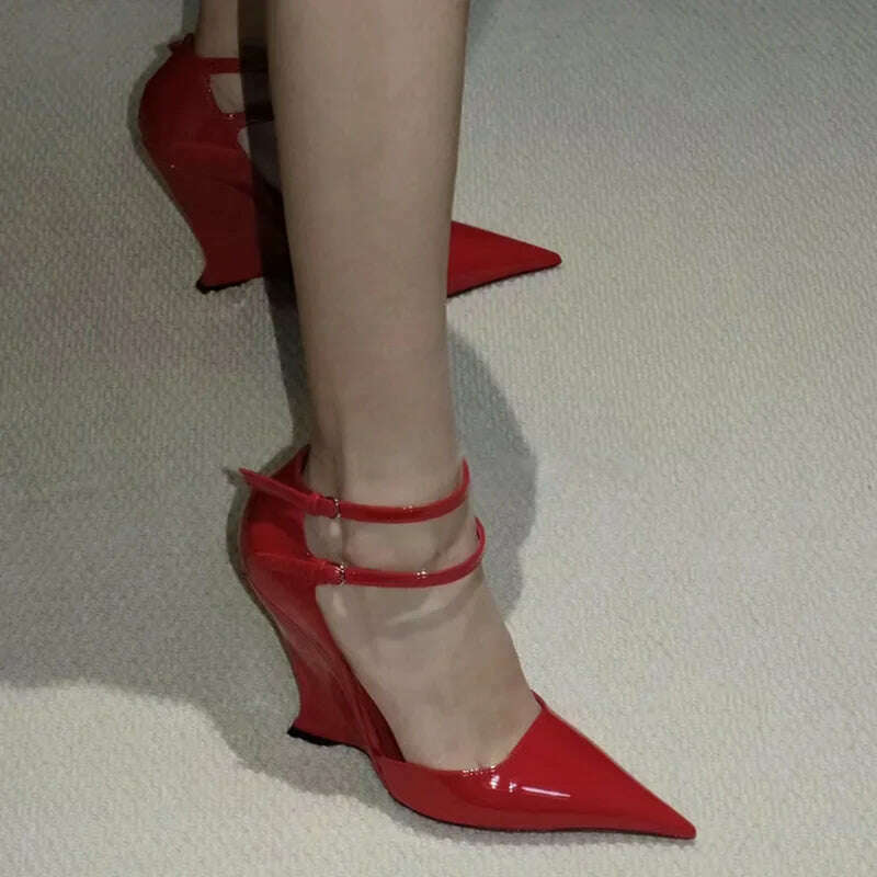 KIMLUD, Red Cherry Wedge High Heels 2024 Pointed Toe Sexy Fashion Mary Jane Pumps Old Money Shoes For Women Ladies, KIMLUD Womens Clothes