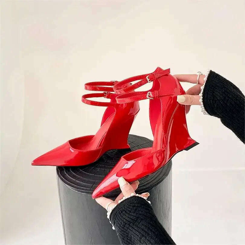KIMLUD, Red Cherry Wedge High Heels 2024 Pointed Toe Sexy Fashion Mary Jane Pumps Old Money Shoes For Women Ladies, KIMLUD Womens Clothes