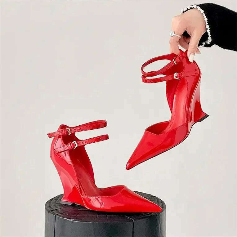 KIMLUD, Red Cherry Wedge High Heels 2024 Pointed Toe Sexy Fashion Mary Jane Pumps Old Money Shoes For Women Ladies, KIMLUD Womens Clothes