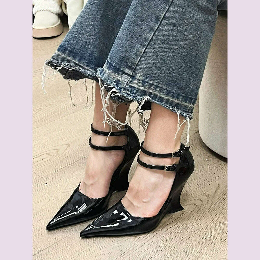 KIMLUD, Red Cherry Wedge High Heels 2024 Pointed Toe Sexy Fashion Mary Jane Pumps Old Money Shoes For Women Ladies, KIMLUD Womens Clothes