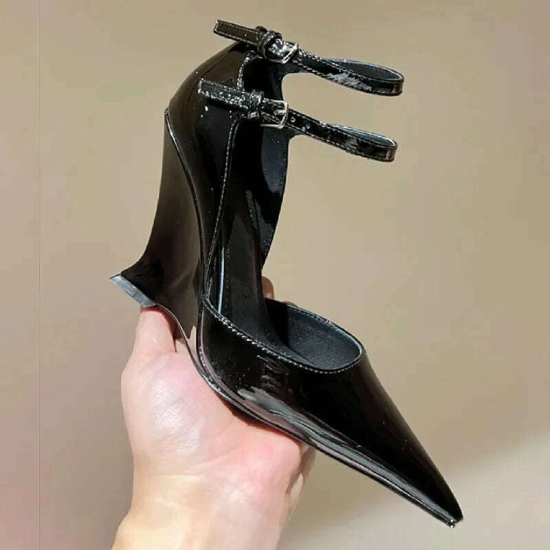 KIMLUD, Red Cherry Wedge High Heels 2024 Pointed Toe Sexy Fashion Mary Jane Pumps Old Money Shoes For Women Ladies, black / 36, KIMLUD APPAREL - Womens Clothes