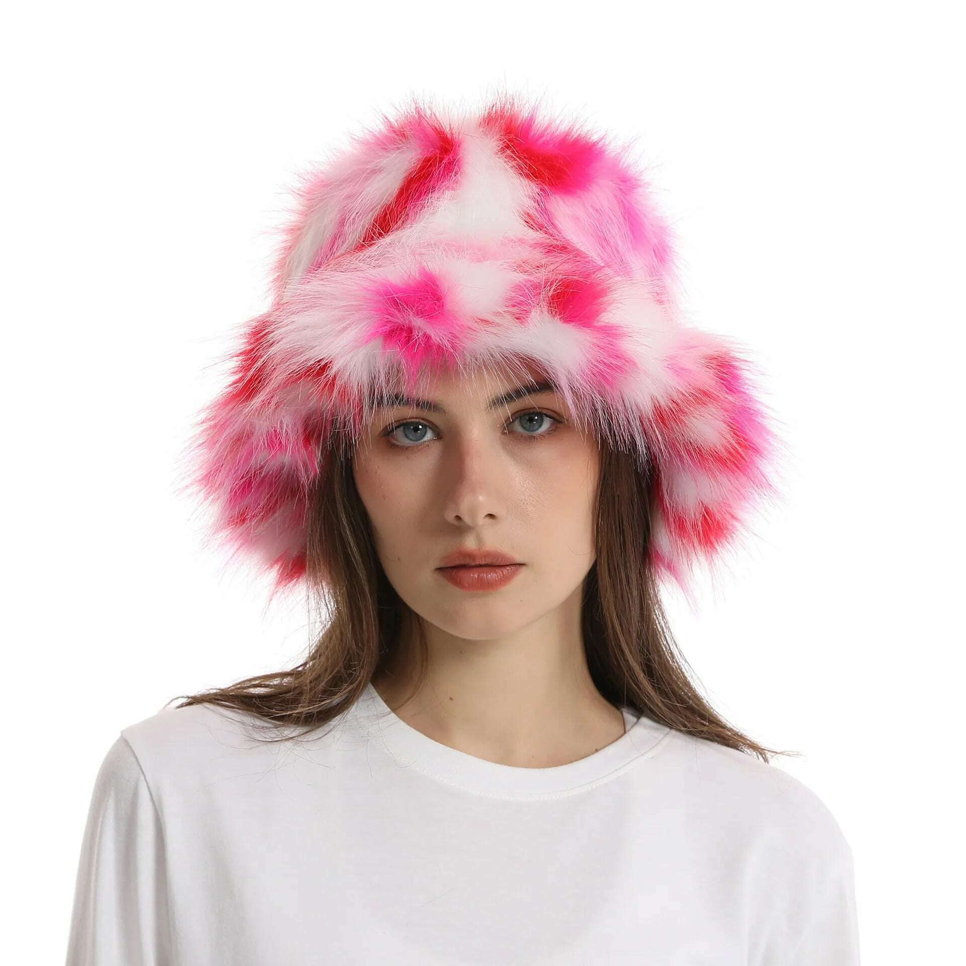 KIMLUD, Red plush Bucket hat women's elegant autumn and winter fur bamboo hat Korean version advanced thermal cap cap 2023 large size, 17 / 58-60cm / CHINA, KIMLUD APPAREL - Womens Clothes