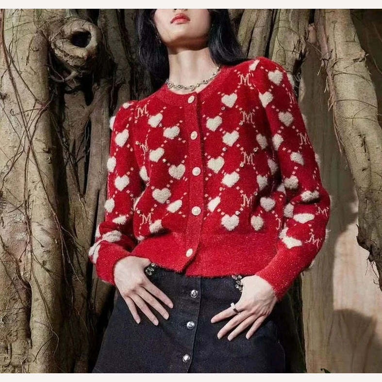 Red Vintage Love Argyle Jacquard Diamonds Knitted Cardigan Sweater Women Autumn Slim Long Sleeve Knitwear Crop Top Coat Jumper - KIMLUD