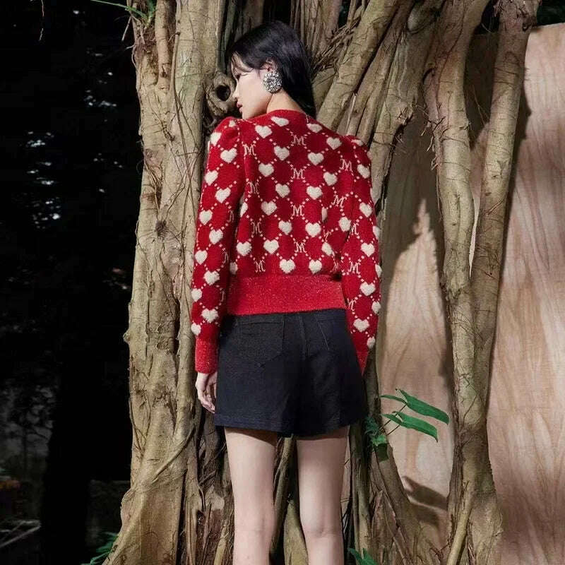Red Vintage Love Argyle Jacquard Diamonds Knitted Cardigan Sweater Women Autumn Slim Long Sleeve Knitwear Crop Top Coat Jumper - KIMLUD