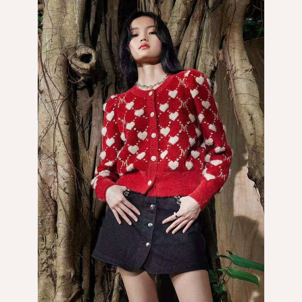 Red Vintage Love Argyle Jacquard Diamonds Knitted Cardigan Sweater Women Autumn Slim Long Sleeve Knitwear Crop Top Coat Jumper - KIMLUD