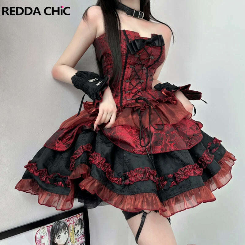 REDDACHiC Goth Lolita OP Bow Lace-up Corset Top Puff Sleeves Jacket Ruffle Mini Cake Skirt Underskirt Victorian Women Dress Set - KIMLUD