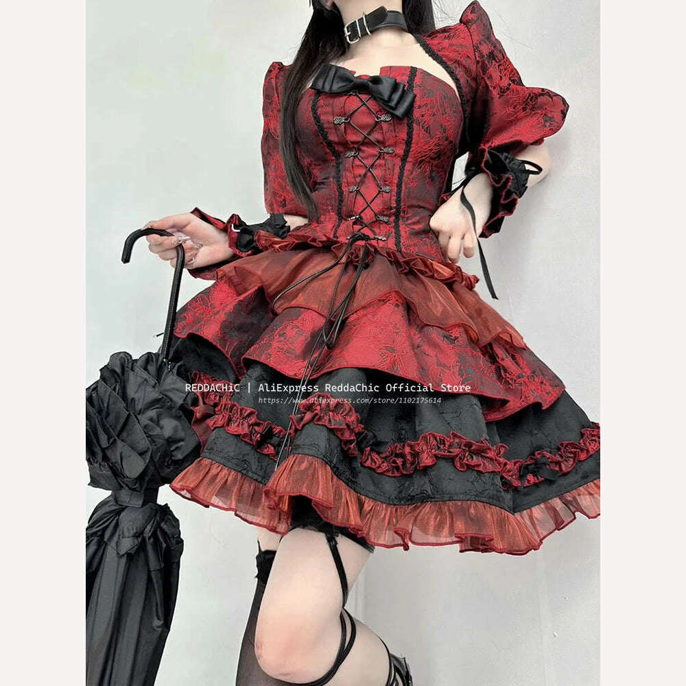 REDDACHiC Goth Lolita OP Bow Lace-up Corset Top Puff Sleeves Jacket Ruffle Mini Cake Skirt Underskirt Victorian Women Dress Set - KIMLUD