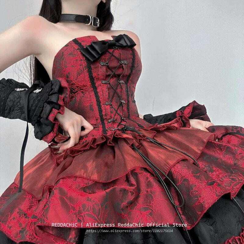 REDDACHiC Goth Lolita OP Bow Lace-up Corset Top Puff Sleeves Jacket Ruffle Mini Cake Skirt Underskirt Victorian Women Dress Set - KIMLUD