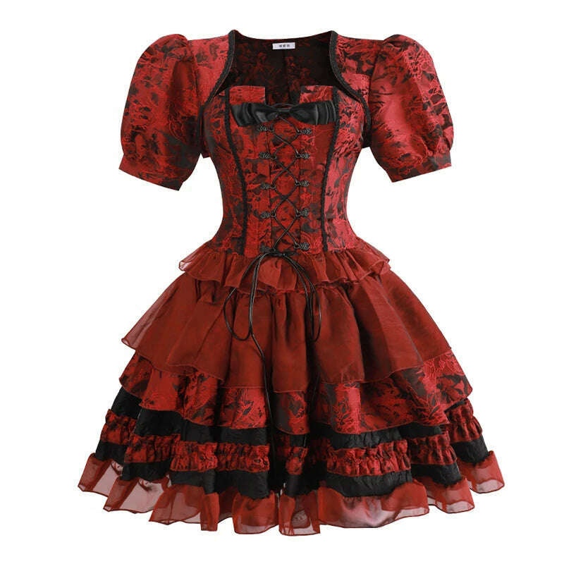 REDDACHiC Goth Lolita OP Bow Lace-up Corset Top Puff Sleeves Jacket Ruffle Mini Cake Skirt Underskirt Victorian Women Dress Set - KIMLUD