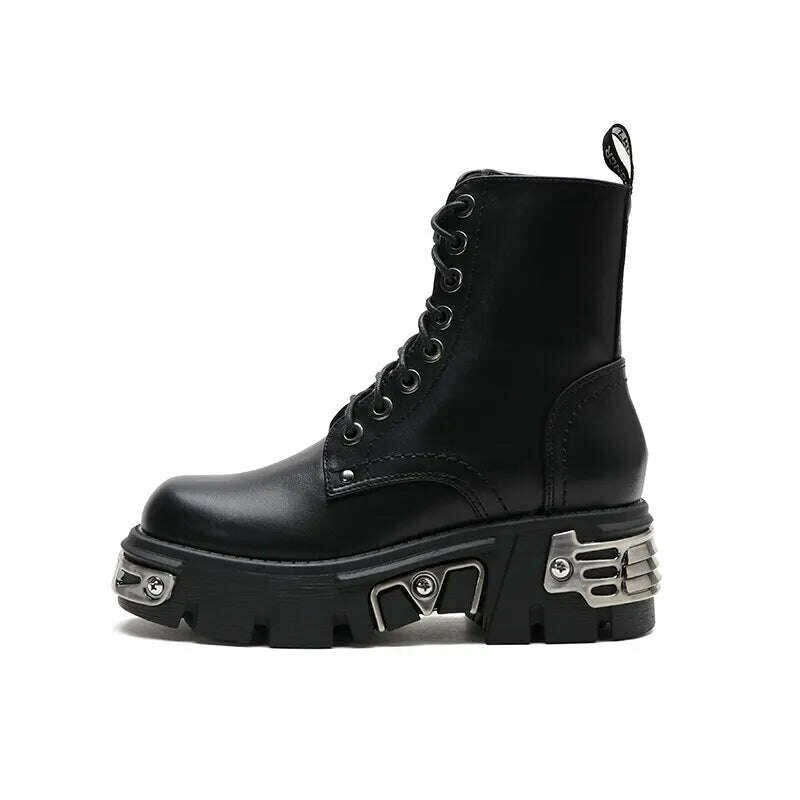 Retro Black Women Ankle Boots Metal Decoration Thick Platform Punk Female Footwear Round Toe Lace-Up Casual Knight Ladies Shoes - KIMLUD