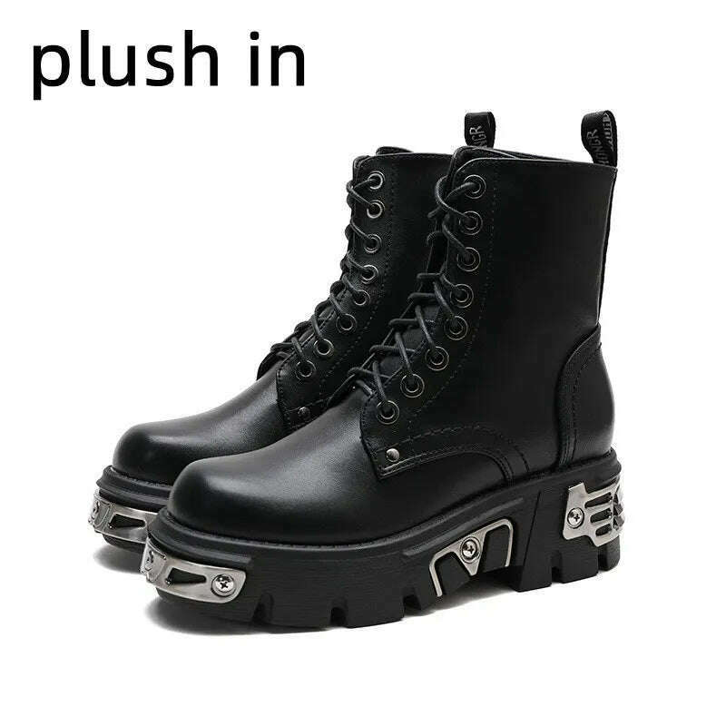 Retro Black Women Ankle Boots Metal Decoration Thick Platform Punk Female Footwear Round Toe Lace-Up Casual Knight Ladies Shoes - KIMLUD
