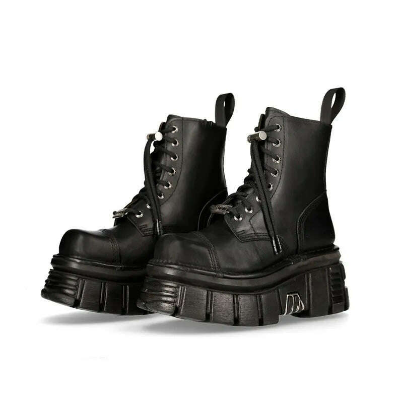 Retro Black Women Ankle Boots Metal Decoration Thick Platform Punk Female Footwear Round Toe Lace-Up Casual Knight Ladies Shoes - KIMLUD