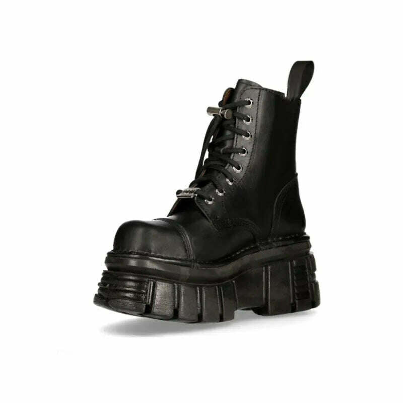 Retro Black Women Ankle Boots Metal Decoration Thick Platform Punk Female Footwear Round Toe Lace-Up Casual Knight Ladies Shoes - KIMLUD