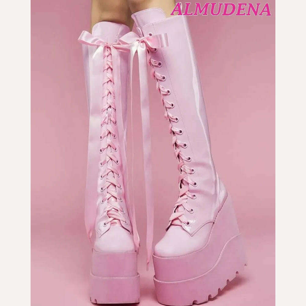 Ribbon Lace Up Knee High Platform Boots Women Pink Leather Super High Heels Big Size Boot Wedges Y2K Lolita Dress Highten Shoes - KIMLUD