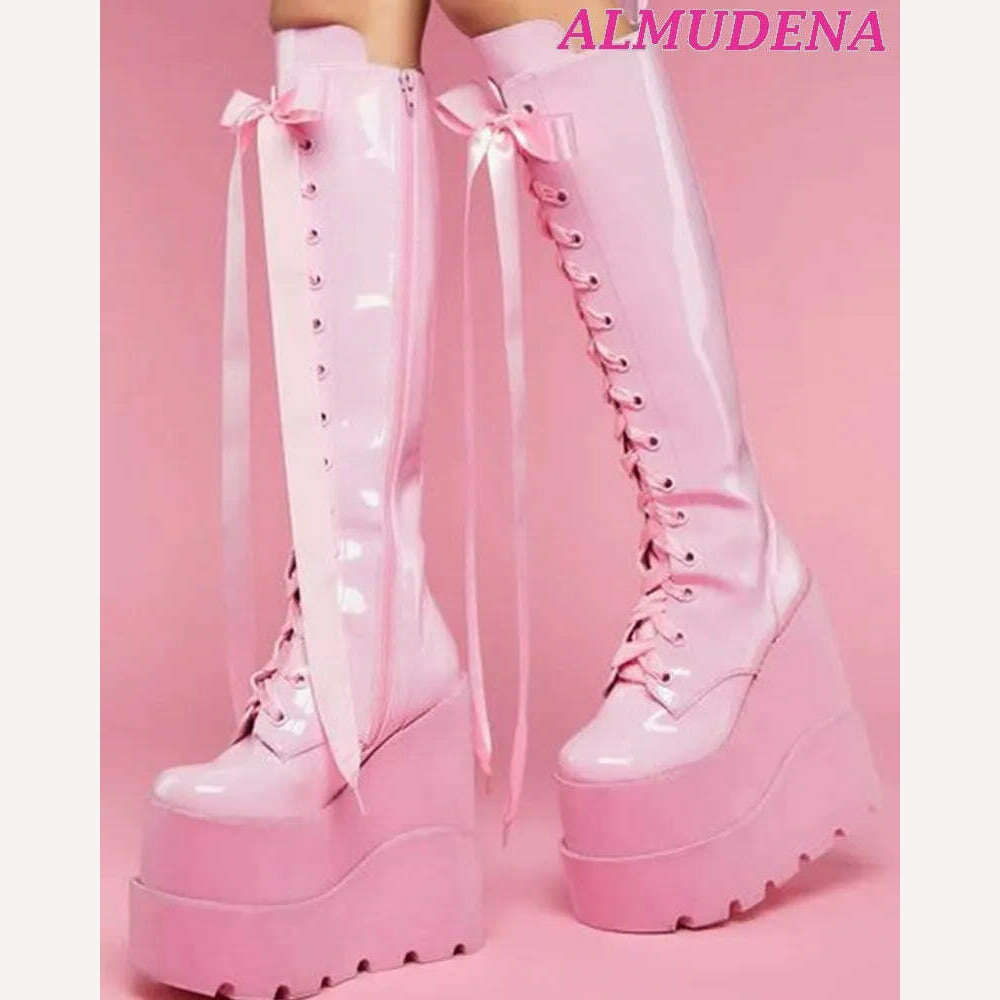 Ribbon Lace Up Knee High Platform Boots Women Pink Leather Super High Heels Big Size Boot Wedges Y2K Lolita Dress Highten Shoes - KIMLUD