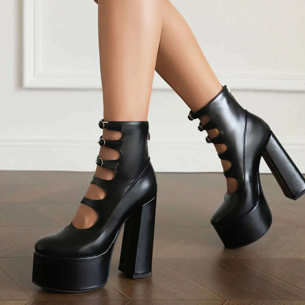 RIBETRINI Platform High Heels Summer Cutout Ankle Boots Zip Design Party Dress Sexy Punk Buckle Round Toe Shoes Motorcycle Boots - KIMLUD