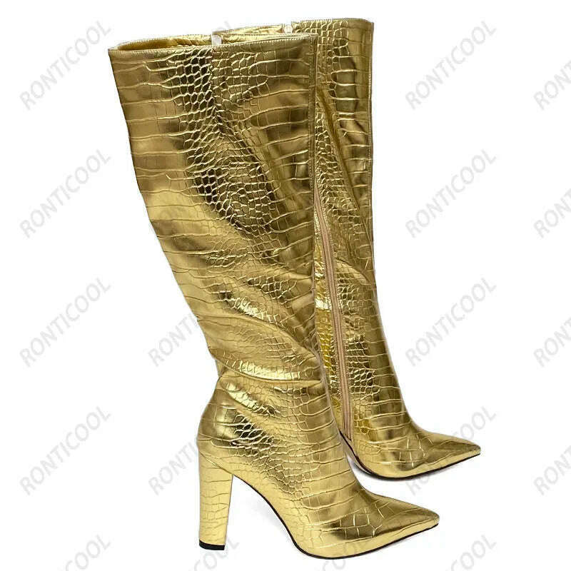 Rontic Handmade Women Winter Knee Boots Pattern Unisex Chunky Heels Pointed Toe Fabulous Black Party Shoes US Size 5-15 - KIMLUD