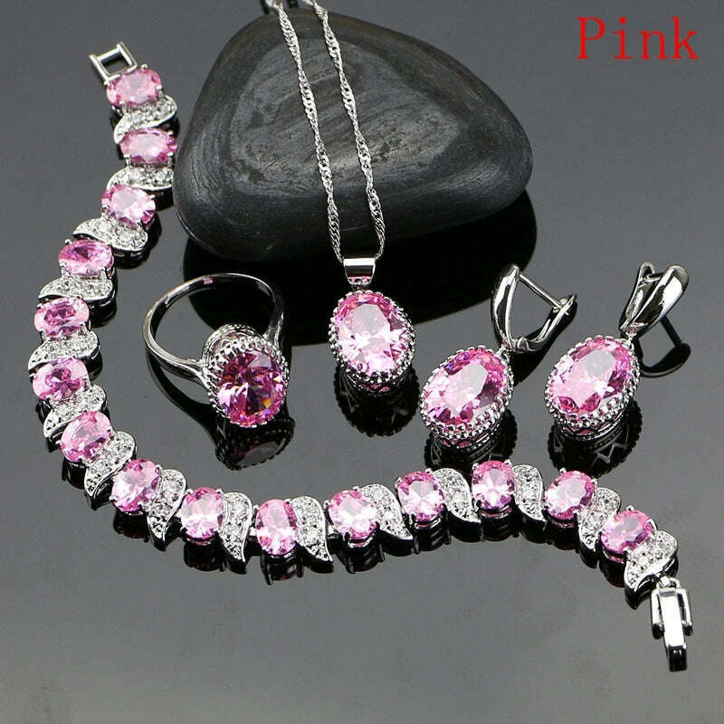 KIMLUD, Ruby Red 925 Silver Jewelry Set Birthstone Jewelry Women Earrings/Pendant/Necklace/Rings/Bracelet Festival Valentine's Day Gift, KIMLUD Womens Clothes