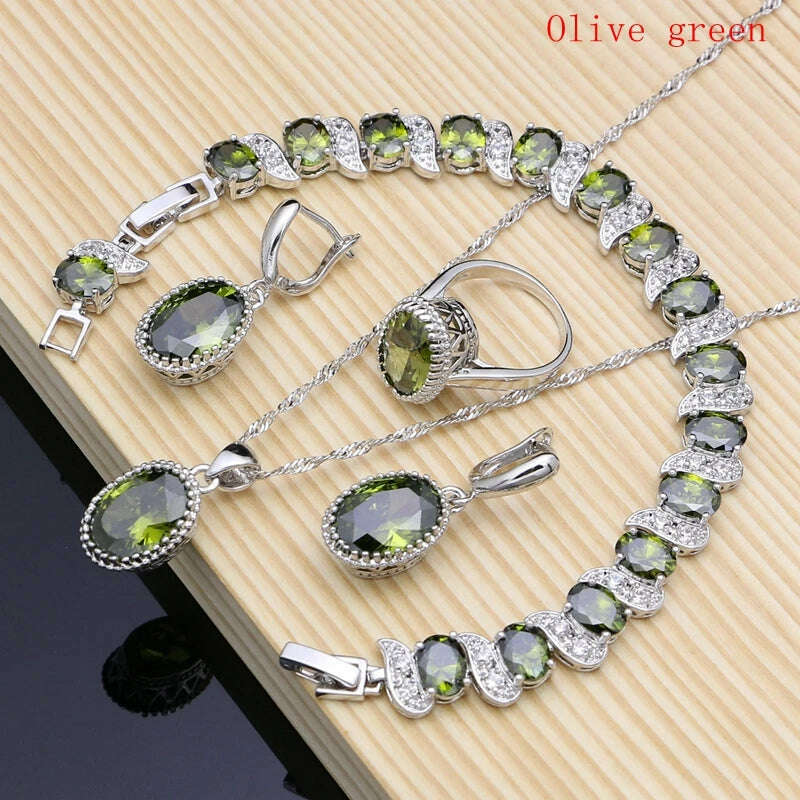 KIMLUD, Ruby Red 925 Silver Jewelry Set Birthstone Jewelry Women Earrings/Pendant/Necklace/Rings/Bracelet Festival Valentine's Day Gift, Olive Green / 10, KIMLUD APPAREL - Womens Clothes