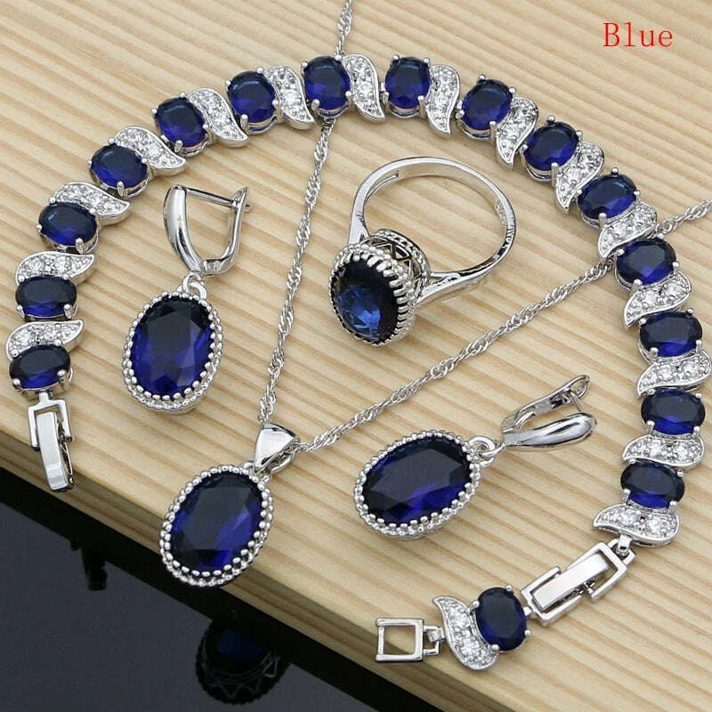 KIMLUD, Ruby Red 925 Silver Jewelry Set Birthstone Jewelry Women Earrings/Pendant/Necklace/Rings/Bracelet Festival Valentine's Day Gift, Blue / 10, KIMLUD APPAREL - Womens Clothes