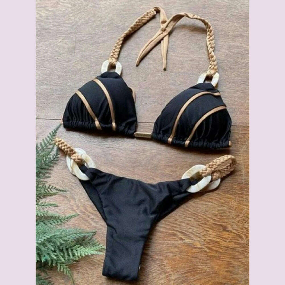KIMLUD, RUOTONGSEPT Black Bandeau Bikini Set Swimwear Women Push Up Biquini Sexy Thong Bikinis Patchwork Swimsuit Backless Bathingsuit, Black / M, KIMLUD APPAREL - Womens Clothes