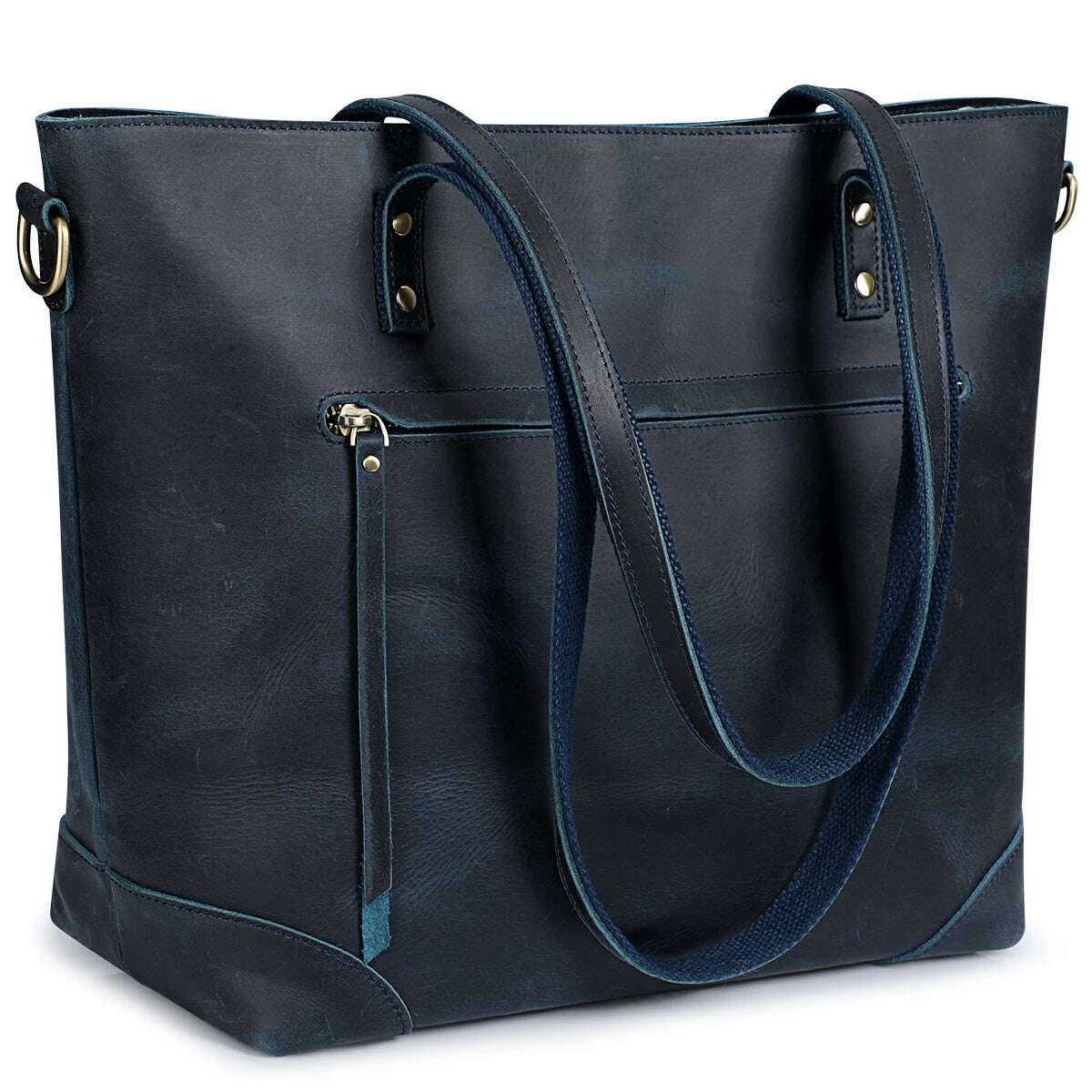 KIMLUD, S-ZONE Vintage Genuine Leather Shoulder Bag Work Totes for Women Purse Handbag with Back Zipper Pocket Large, Dark Blue / China, KIMLUD Womens Clothes