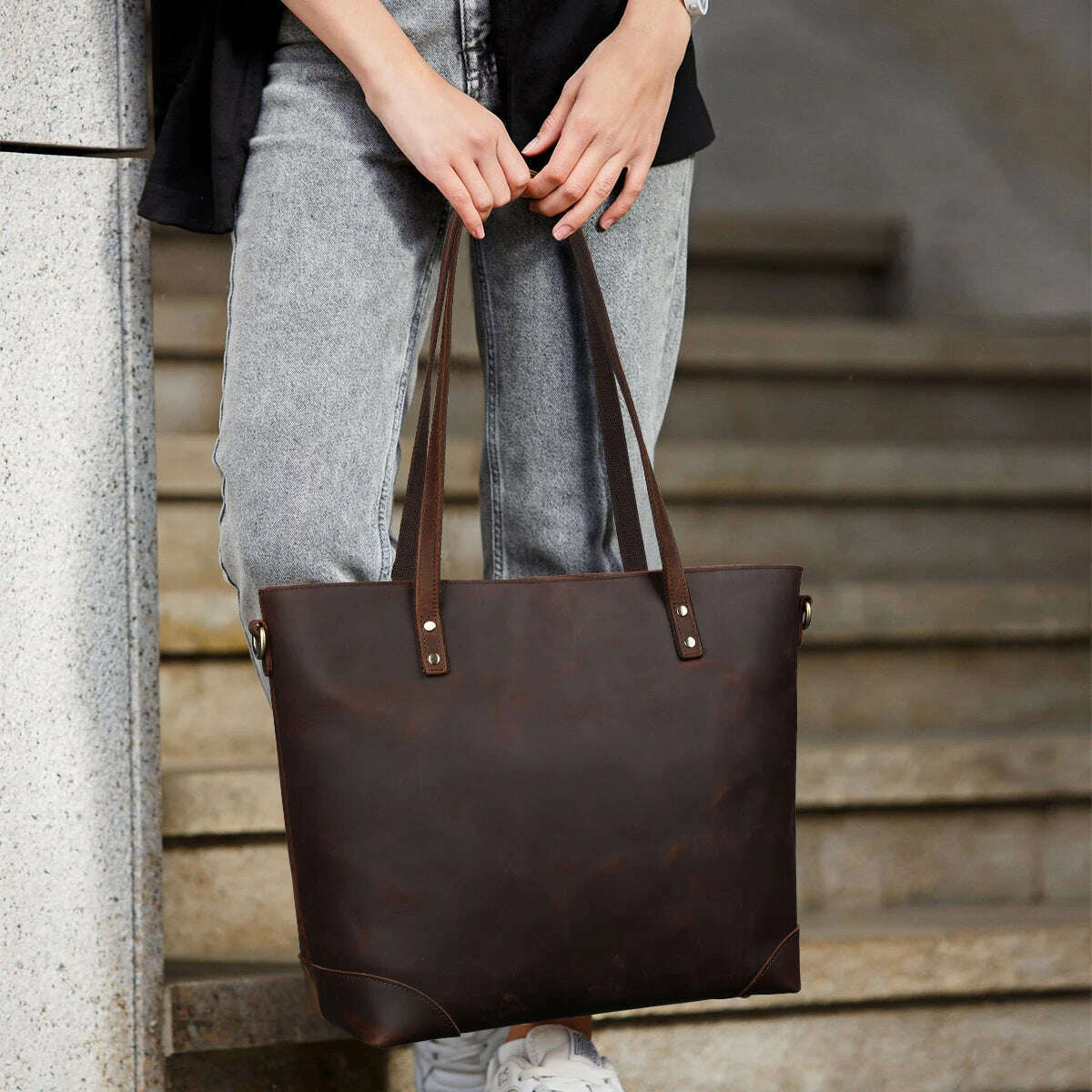 KIMLUD, S-ZONE Vintage Genuine Leather Shoulder Bag Work Totes for Women Purse Handbag with Back Zipper Pocket Large, KIMLUD Womens Clothes