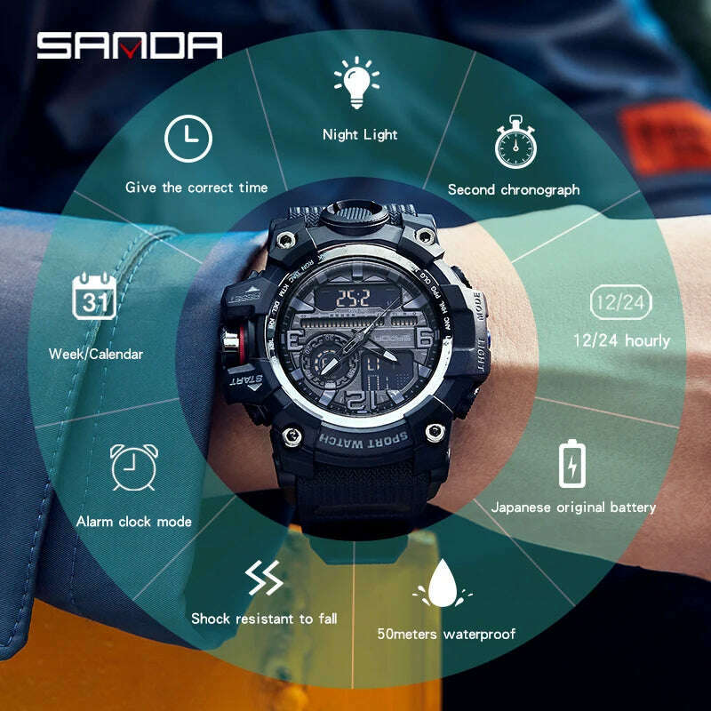 KIMLUD, SANDA G style New Men Watch 50M Waterproof Sports Military Quartz Watch For Male Electron Digital Wristwatch Reloj De Hombre, KIMLUD Womens Clothes