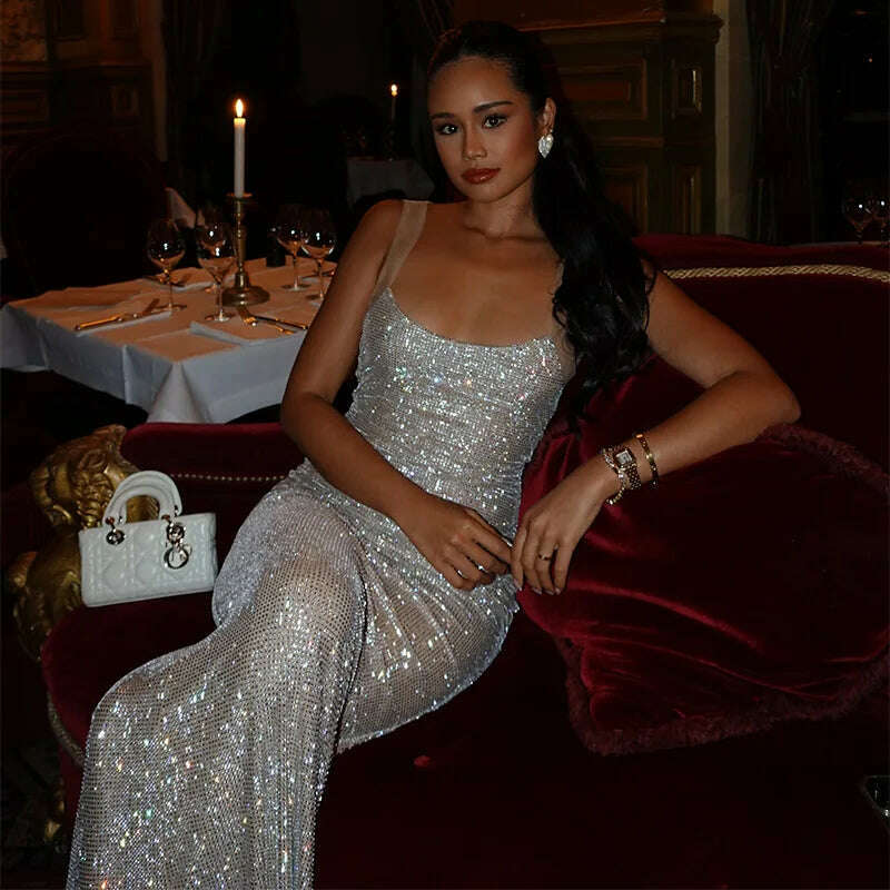 Sequin Women's Dresses Sexy Tight Backless Long Dresses Shiny Party Maxi Dress for Women Sleeveless Elegant Solid Color Dress - KIMLUD
