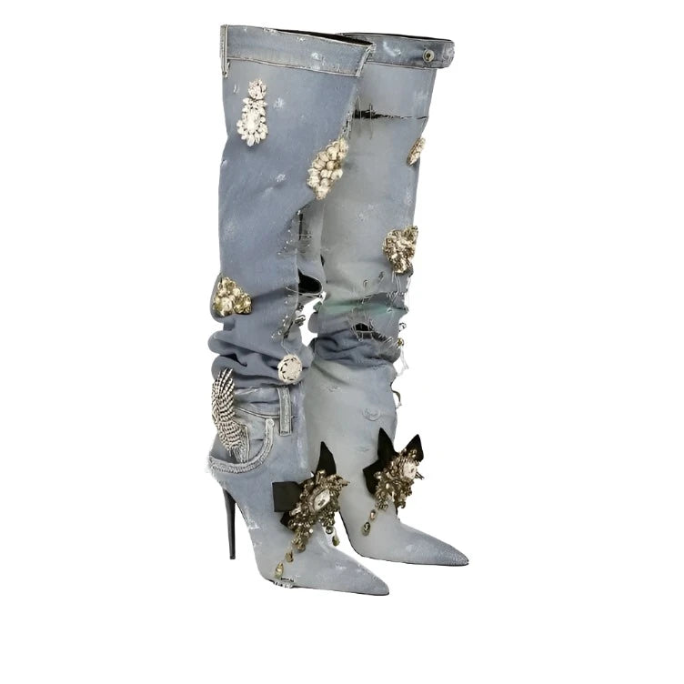 KIMLUD, Sexy Denim Knee High Rhinestone Boots Women Pointed Toe Stiletto High Heel Boots Floral Crystal Shoes Design 2023 Lady Hollow, Sky Blue / 35, KIMLUD Womens Clothes