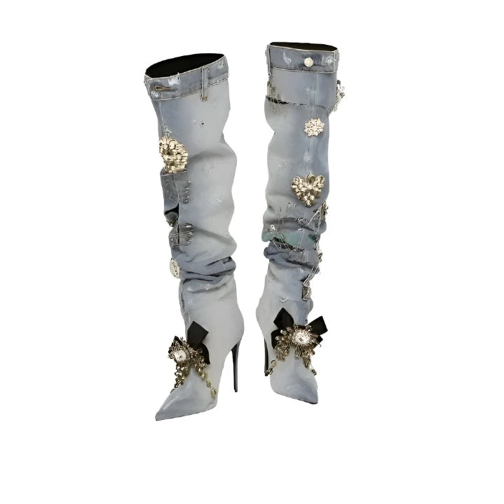 Sexy Denim Knee High Rhinestone Boots Women Pointed Toe Stiletto High Heel Boots Floral Crystal Shoes Design 2023 Lady Hollow - KIMLUD