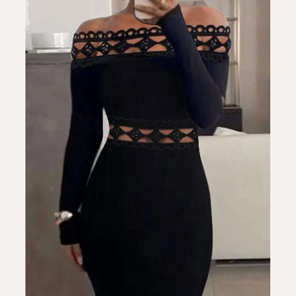 Sexy Dress Y2k Fashion Versatile Casual Off Shoulder Lace Patch Long Sleeve Midi Dresses of Female Autumn and Winter New 2023 - KIMLUD