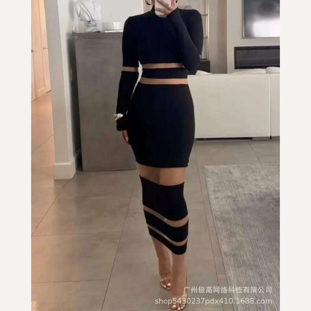 Sexy Dress Y2k Fashion Versatile Casual Off Shoulder Lace Patch Long Sleeve Midi Dresses of Female Autumn and Winter New 2023 - KIMLUD