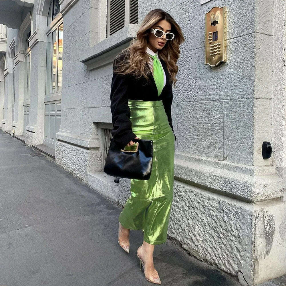 Sexy Sparkly Slit Long Skirts Women High Waist Metallic Green Slim Maxi Skirt 2023 Summer Harajuku Elegant Fairy Grunge Clothes - KIMLUD