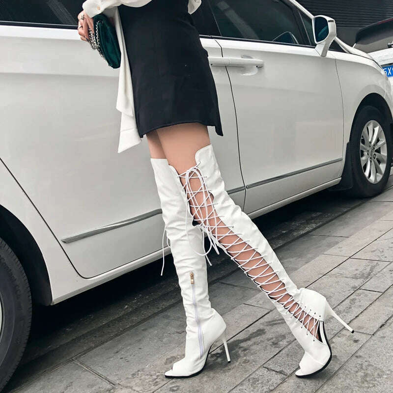 Sexy women knee high boots hollow out summer bootsribbon lace up thigh high boot out strappy gladiator heels - KIMLUD