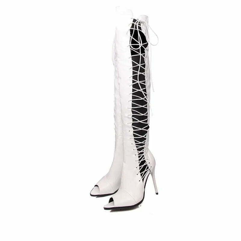 Sexy women knee high boots hollow out summer bootsribbon lace up thigh high boot out strappy gladiator heels - KIMLUD