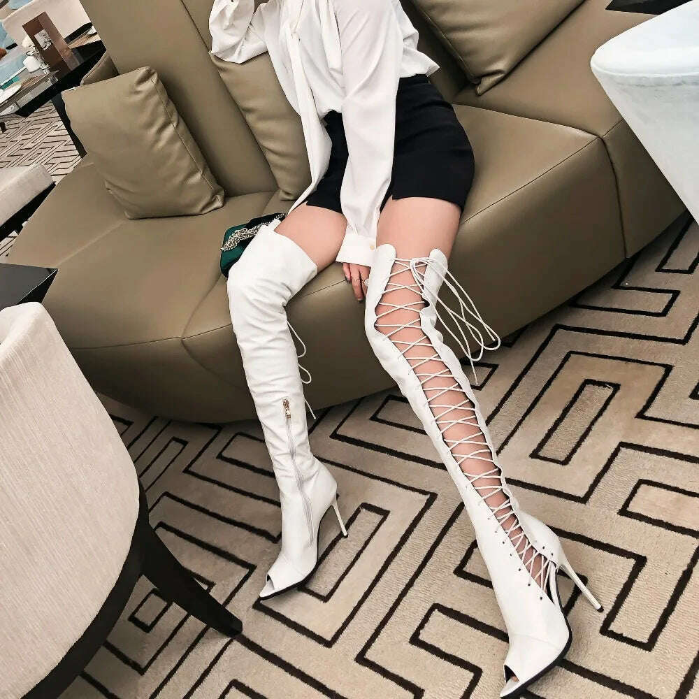 Sexy women knee high boots hollow out summer bootsribbon lace up thigh high boot out strappy gladiator heels - KIMLUD