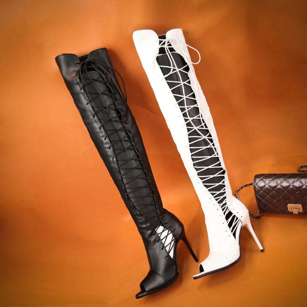 Sexy women knee high boots hollow out summer bootsribbon lace up thigh high boot out strappy gladiator heels - KIMLUD