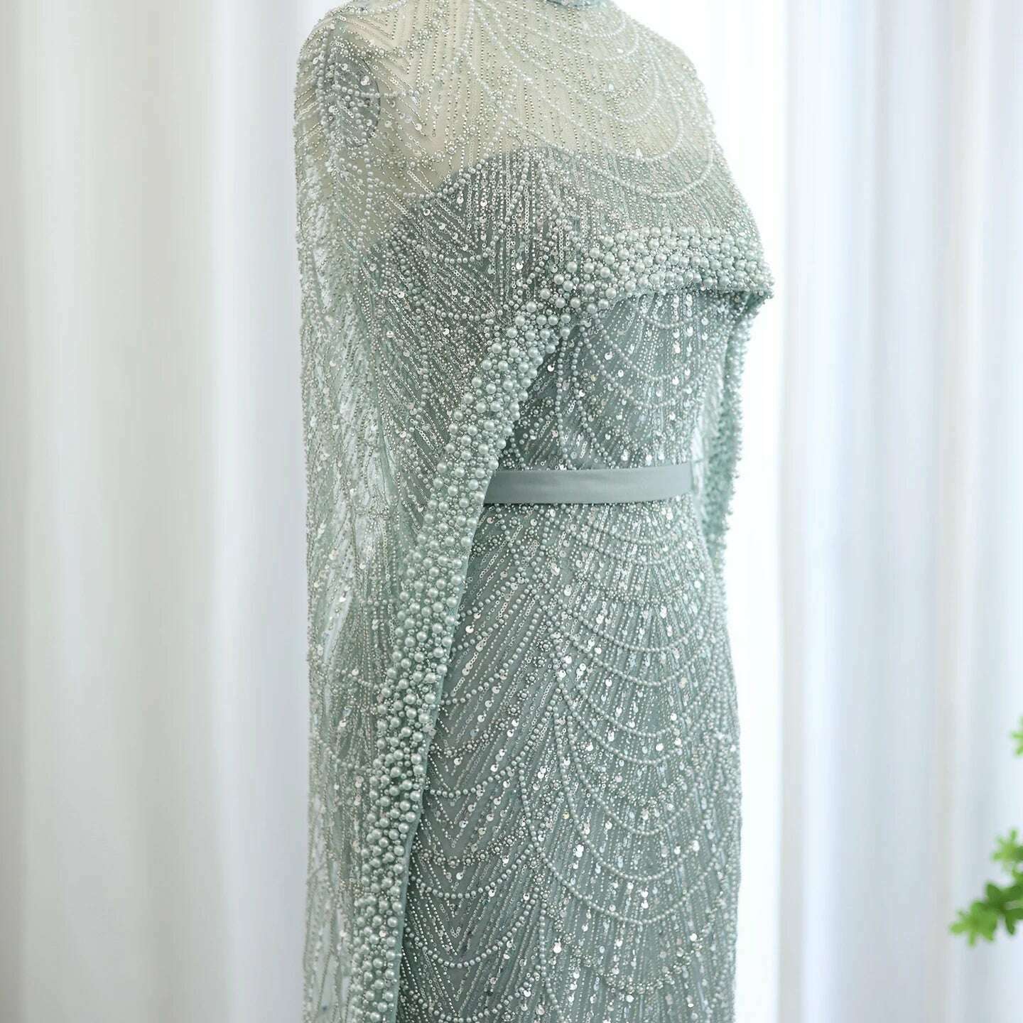 Sharon Said Luxury Pearls Dubai Champagne Evening Dresses with Cape 2023 New Arabic Women Mermaid Wedding Party Prom Dress SS369 - KIMLUD