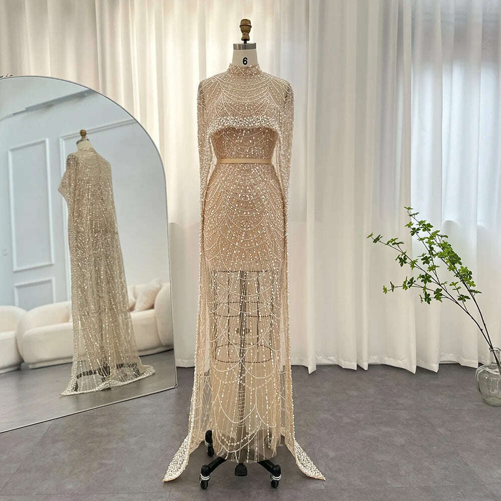 Sharon Said Luxury Pearls Dubai Champagne Evening Dresses with Cape 2023 New Arabic Women Mermaid Wedding Party Prom Dress SS369 - KIMLUD