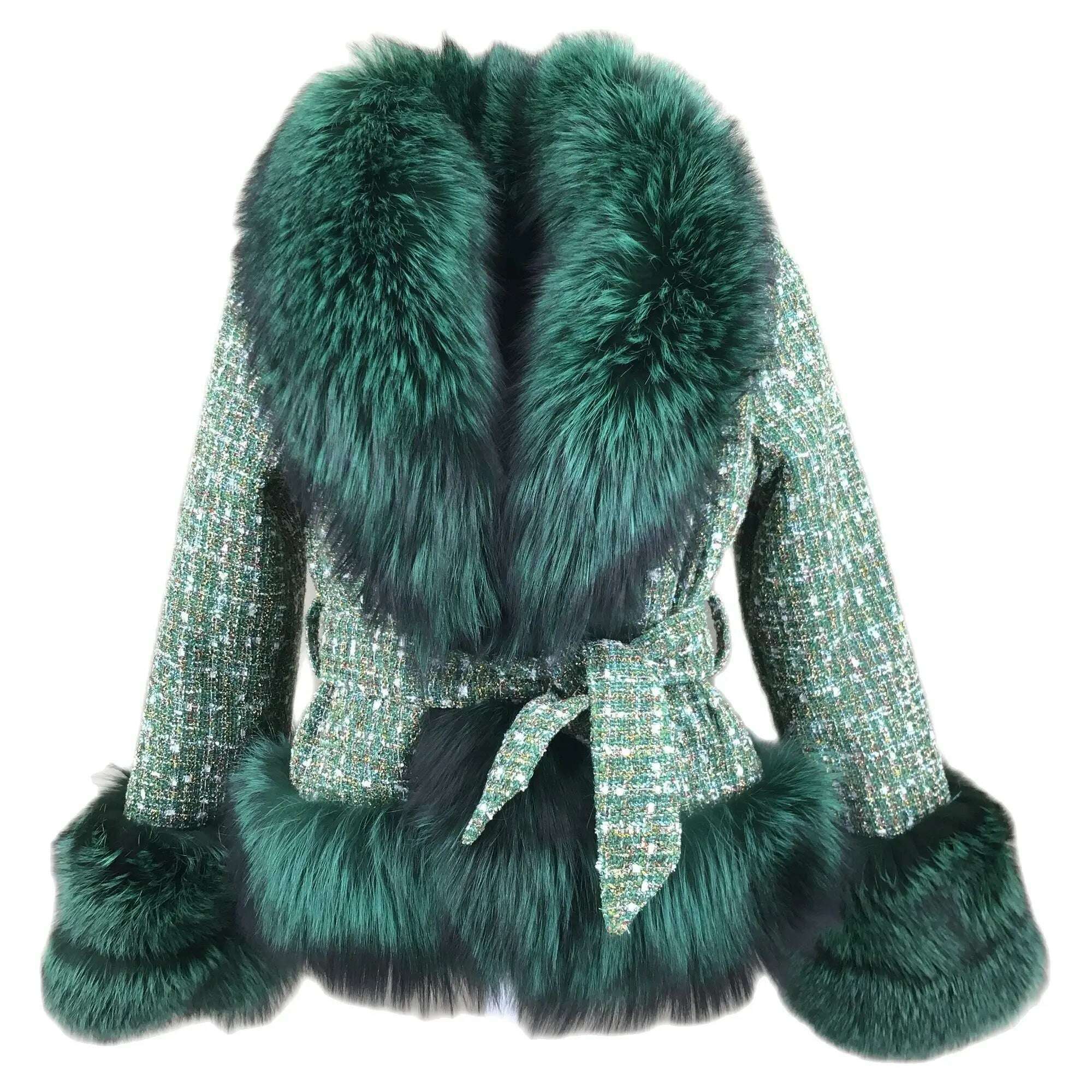 Short Jacket Coat with Real Red Fox Fur Collar for Women, Front and Belt, Elegant Fur, Green Color, Autumn and Winter Coat - KIMLUD