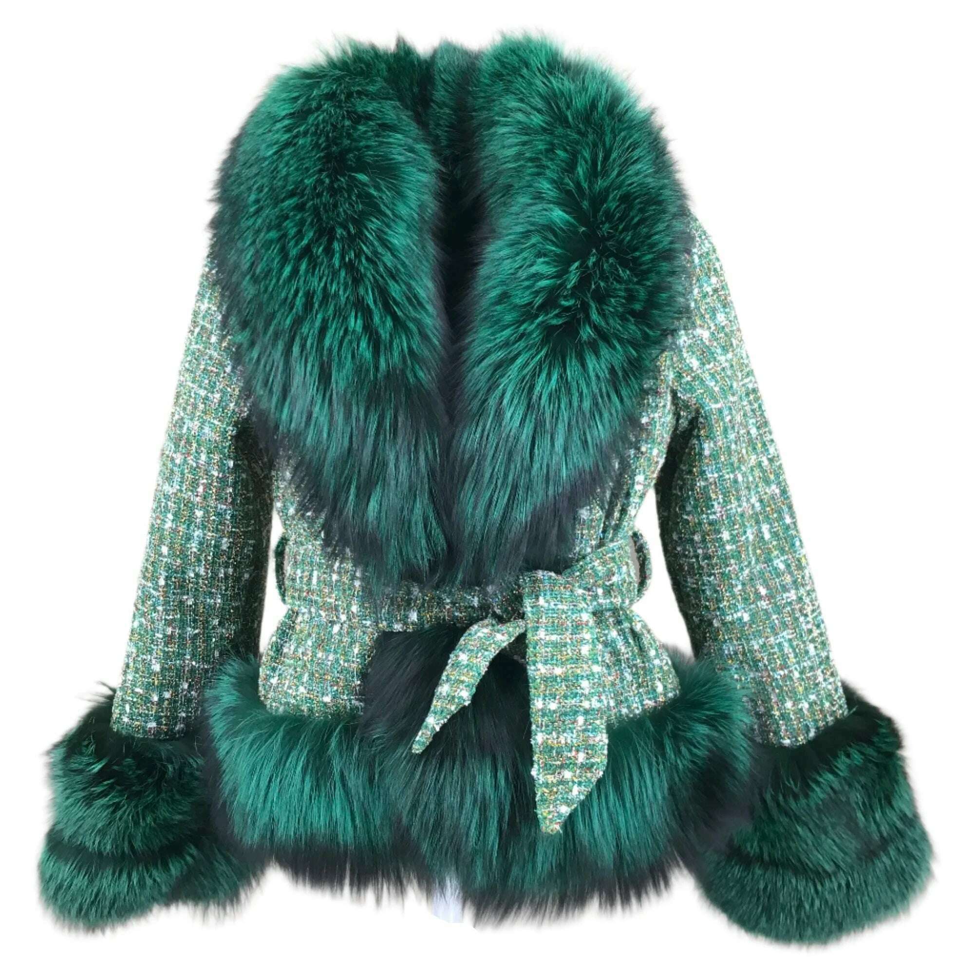 Short Jacket Coat with Real Red Fox Fur Collar for Women, Front and Belt, Elegant Fur, Green Color, Autumn and Winter Coat - KIMLUD