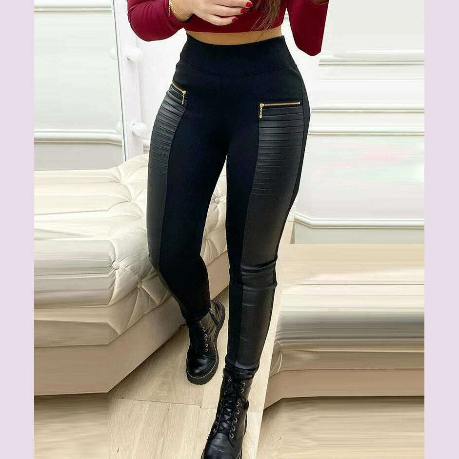 KIMLUD, Skinny Pants Women Streetwear Contrast Zipper Detail New Fashion Elegant Leather Casual Bottom Trousers for Female Spring 2024, KIMLUD Womens Clothes