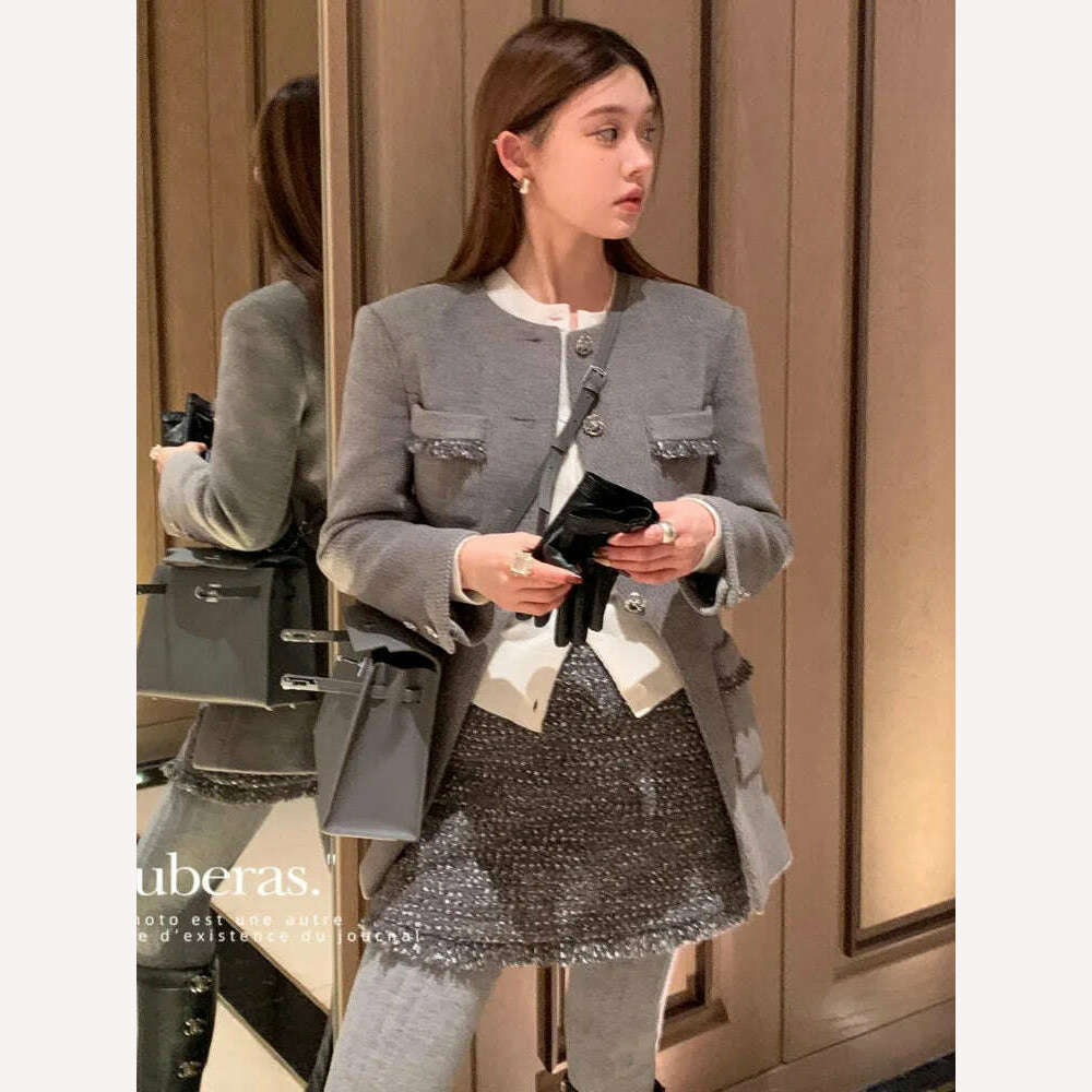 Small Fragrant Wind Winter Sets Round Collar Clip Split Frayed Irregular Outerwear + High Waist Skirt Fashionable Two-piece Suit - KIMLUD