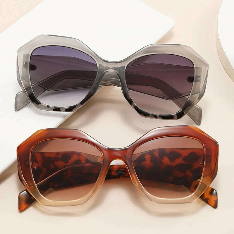 SO&EI Fashion Oversized Polygon Cat Eye Sunglasses Women Retro Colorful Leopard Shades UV400 Men Gradient Sun Glasses - KIMLUD